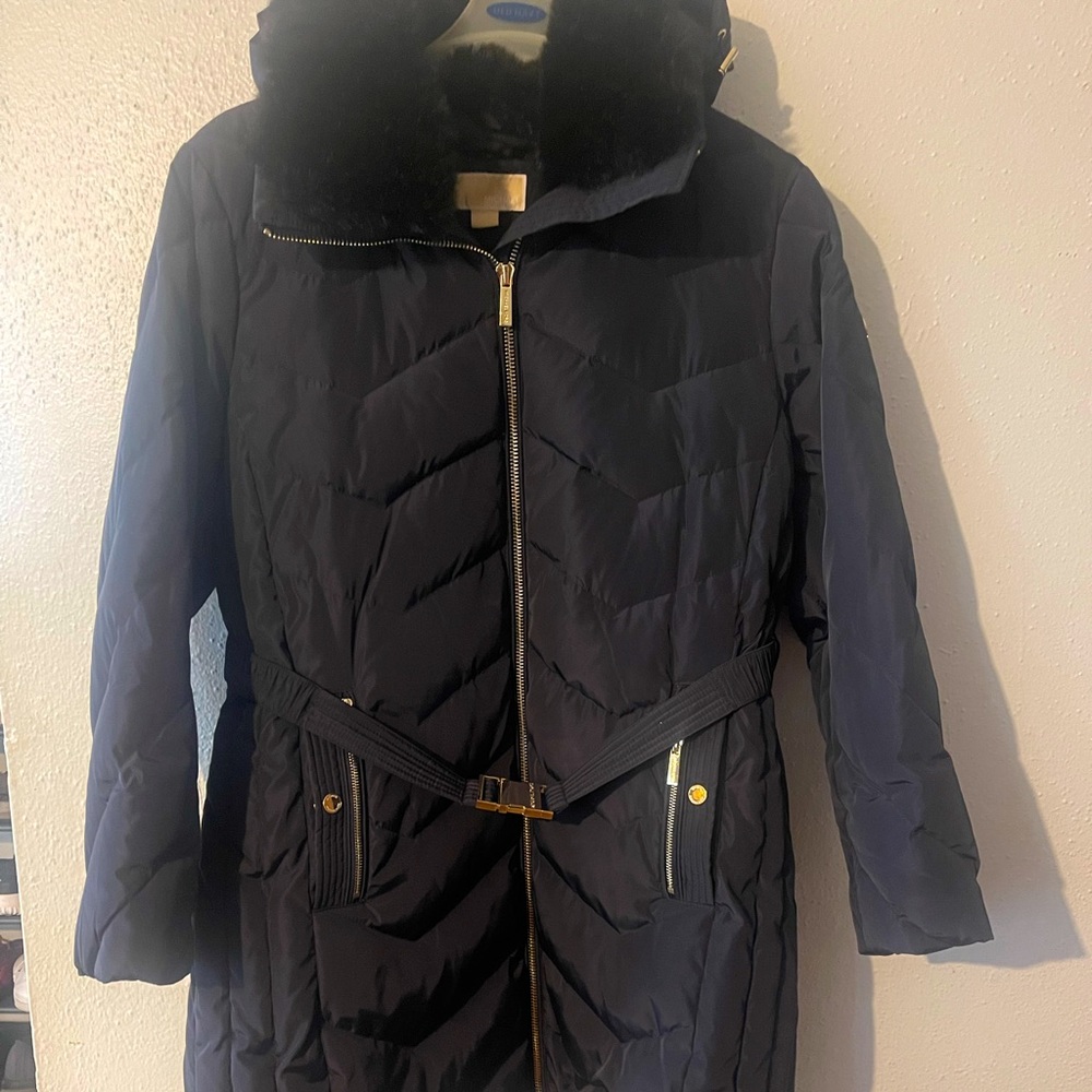 Michael Kors Long Dress Puffer Coat with Fur Collar